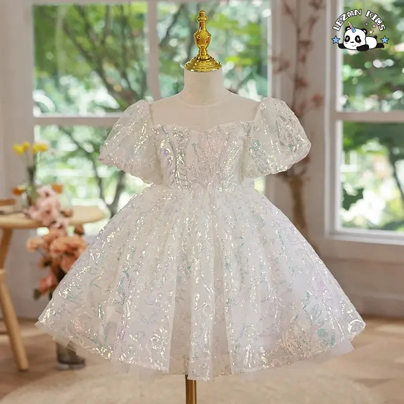 LEZONKIDS - Customize fashion puffy sleeve sequin Girl's princess pink dress flower girls' dresses for party